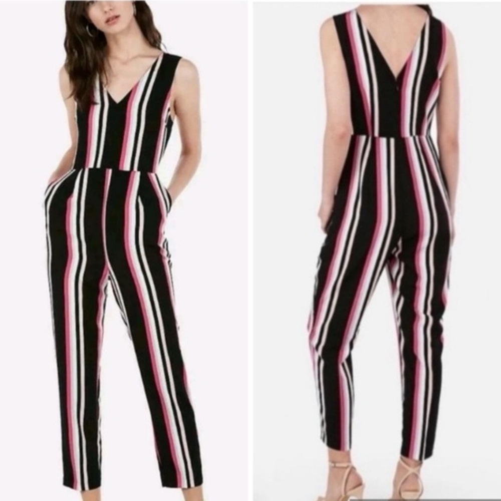 #027 Sz XL Express Striped One-Piece Jumpsuit with Pink and Black Accents